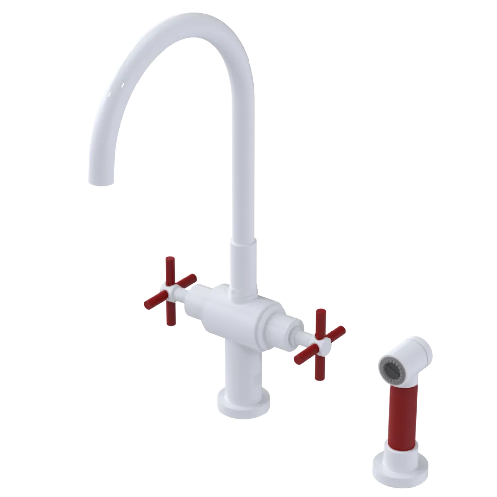 Rubinet Two Handle Single Hole Kitchen Set with LaSalle Spout with Hand Spray White