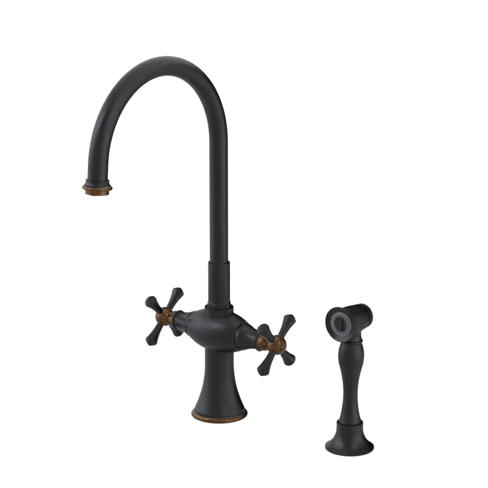 Rubinet Two Handle Single Hole Kitchen Set with Hand Spray Matt Black