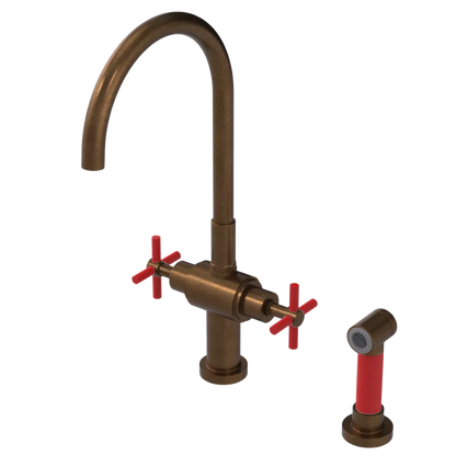 Rubinet Two Handle Single Hole Kitchen Set with LaSalle Spout with Hand Spray Tuscan Brass
