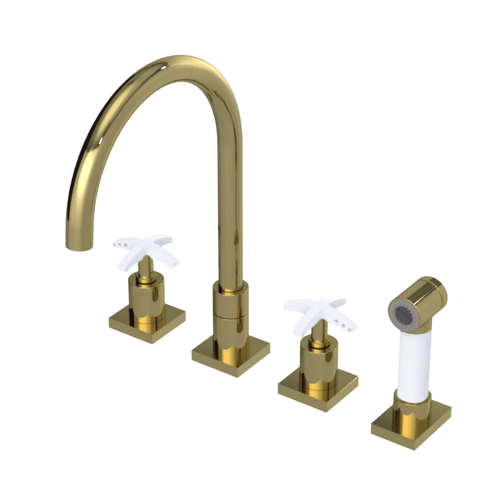 Rubinet Widespread Kitchen Set with Hand Spray Natural Brass