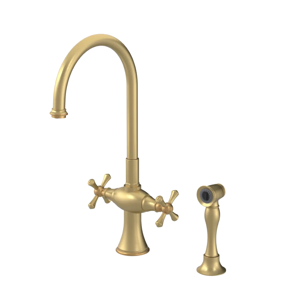 Rubinet Two Handle Single Hole Kitchen Set with Hand Spray Satin Brass