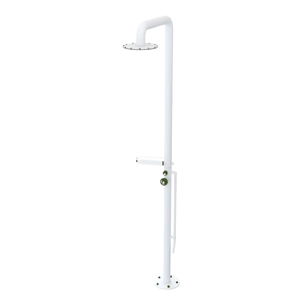 Rubinet Pressure Balance Outdoor Shower with Foot Rinse & 10" Shower Head (with shelf) - 304 Stainless Steel Matt White