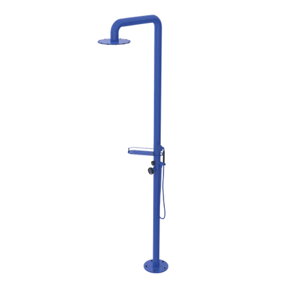 Rubinet Pressure Balance Outdoor Shower with Hand Held Shower & 10" Shower Head (with shelf) - 304 Stainless Steel Blu Jean