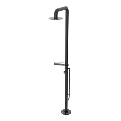 Rubinet Pressure Balance Outdoor Shower with Foot Rinse & 10" Shower Head (with shelf) - 304 Stainless Steel Black