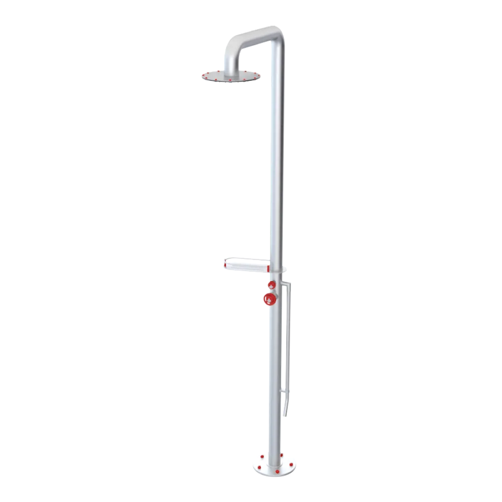 Rubinet Pressure Balance Outdoor Shower with Foot Rinse & 10" Shower Head (with shelf) - 304 Stainless Steel Satin Chrome