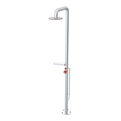Rubinet Pressure Balance Outdoor Shower with Foot Rinse & 10" Shower Head (with shelf) - 304 Stainless Steel Satin Chrome