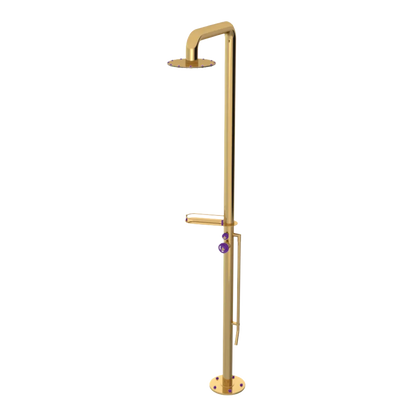 Rubinet Pressure Balance Outdoor Shower with Foot Rinse & 10" Shower Head (with shelf) - 304 Stainless Steel Gold