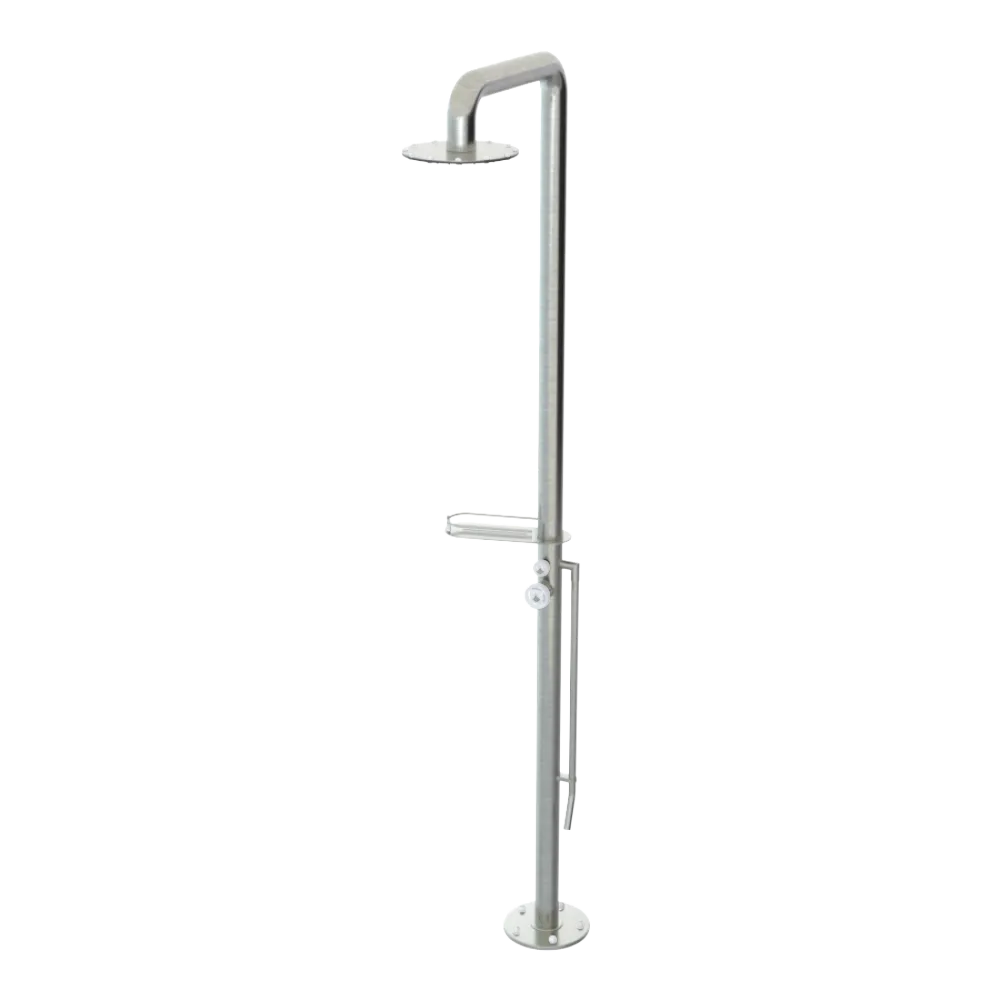 Rubinet Pressure Balance Outdoor Shower with Foot Rinse & 10" Shower Head (with shelf) - 304 Stainless Steel Satin Nickel