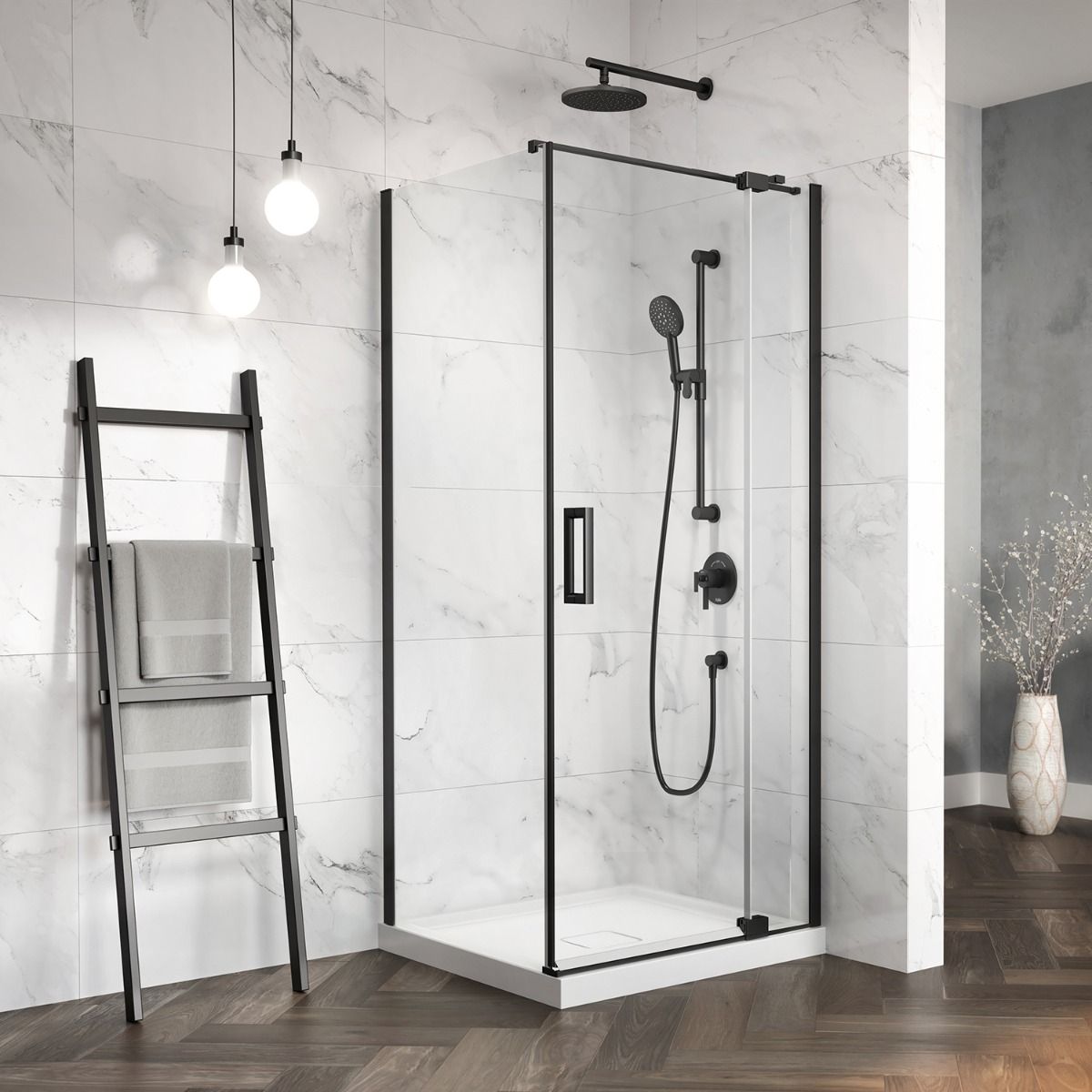 Kalia DISTINK 36” x 77” pivot shower door with 36” return panel - KP protective film – DR1743/DR1749-160-005