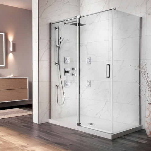 Kalia DISTINK 42” x 77” pivot shower door with 36” return panel - KP protective film – DR1744/DR1749-110-005