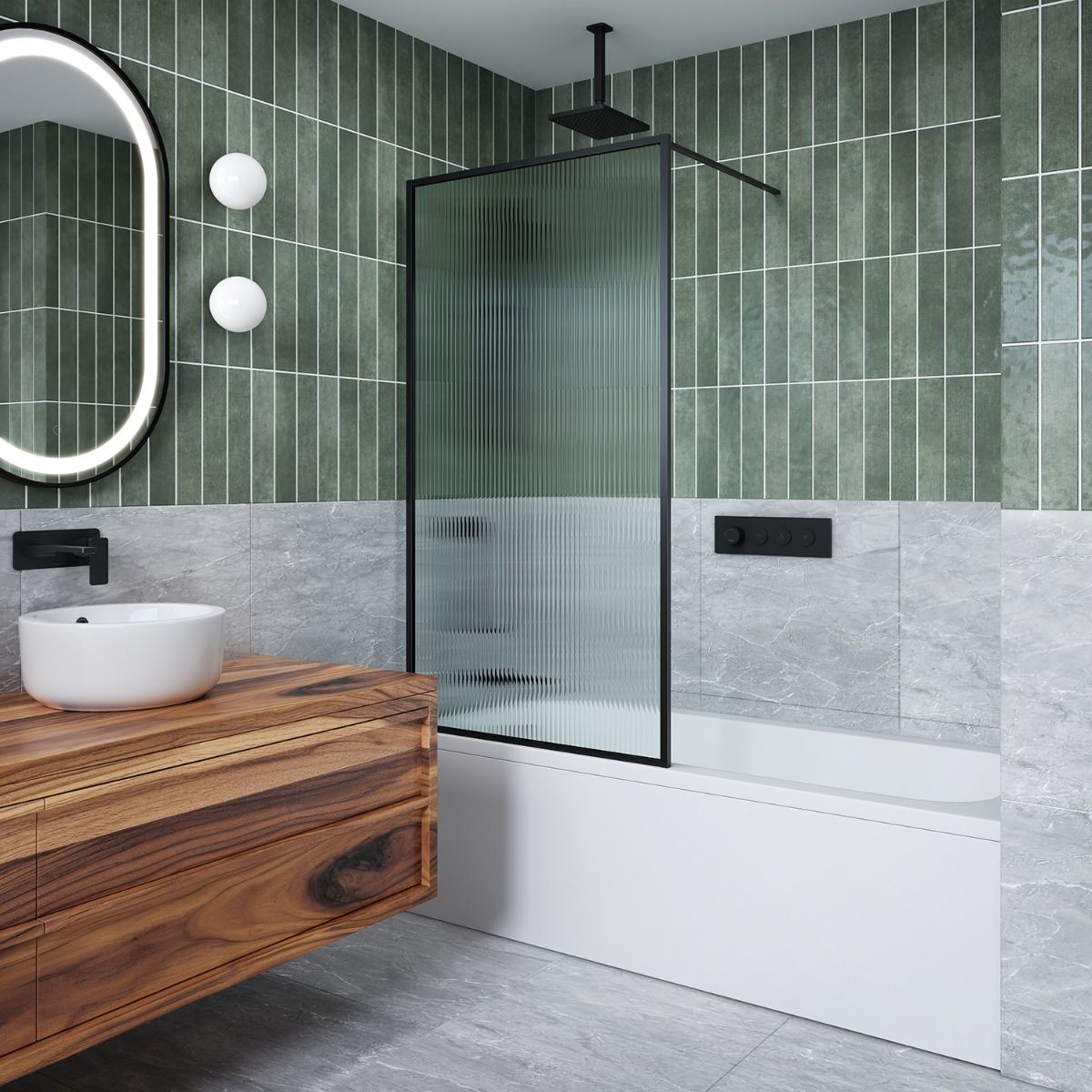 KALIA DUNE Framed Bath Shield Matte Black Fluted Glass