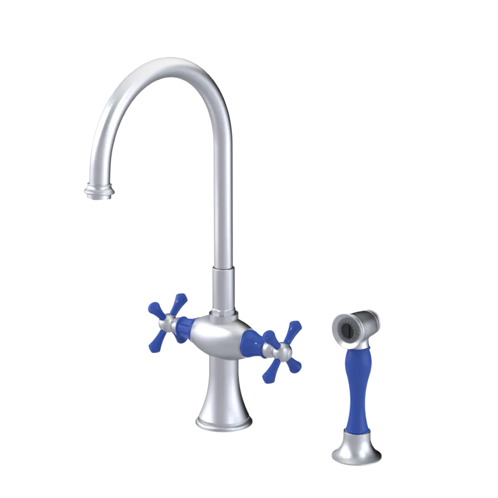 Rubinet Two Handle Single Hole Kitchen Set with Hand Spray Satin Chrome