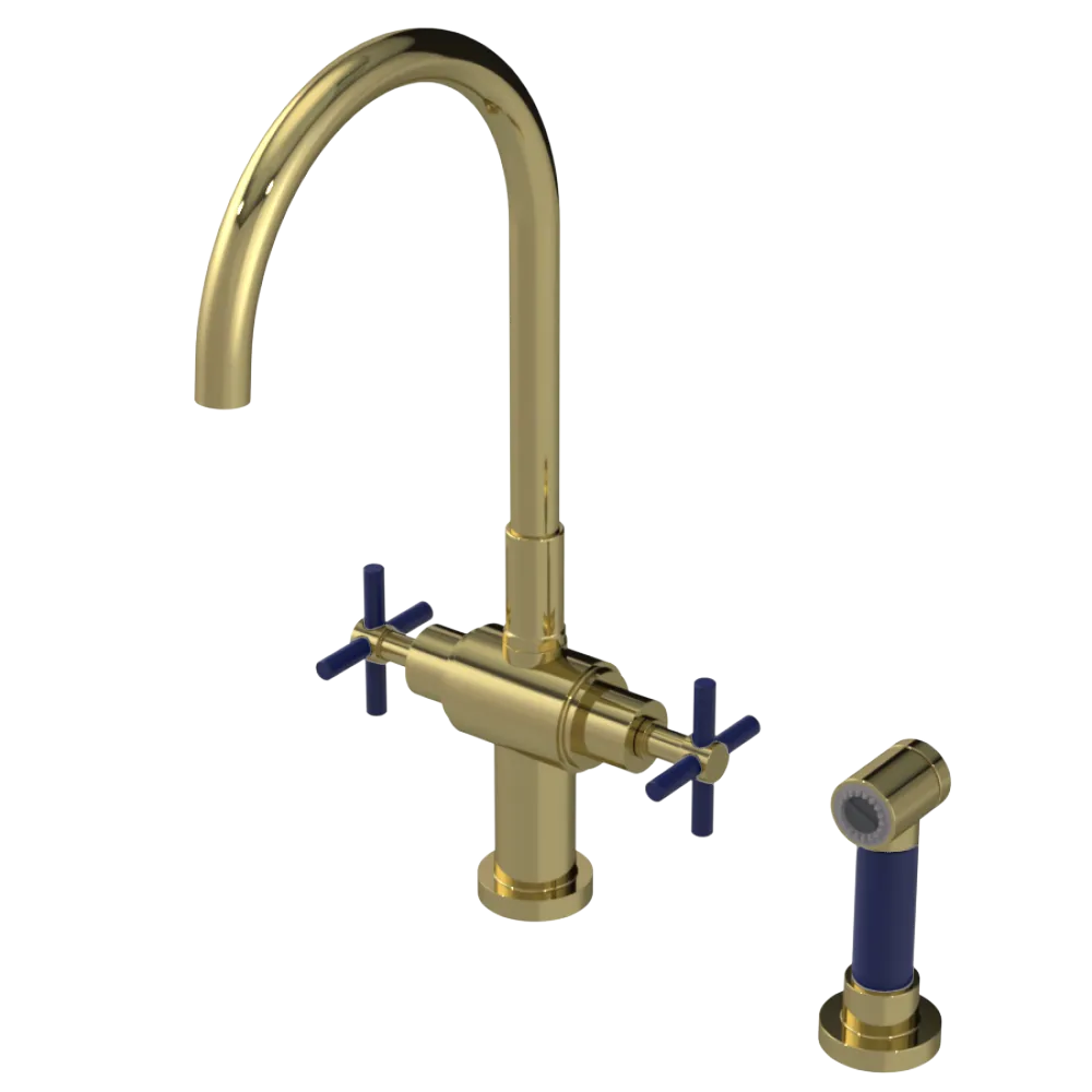 Rubinet Two Handle Single Hole Kitchen Set with LaSalle Spout with Hand Spray Natural Brass