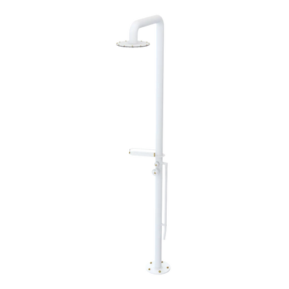 Rubinet Pressure Balance Outdoor Shower with Foot Rinse & 10" Shower Head (with shelf) - 304 Stainless Steel Matt White