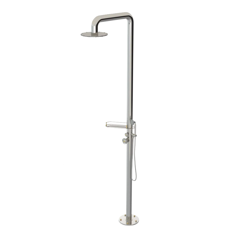 Rubinet Pressure Balance Outdoor Shower with Hand Held Shower & 10" Shower Head (with shelf) - 304 Stainless Steel Polished Nickel