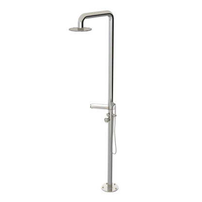 Rubinet Pressure Balance Outdoor Shower with Hand Held Shower & 10" Shower Head (with shelf) - 304 Stainless Steel Polished Nickel