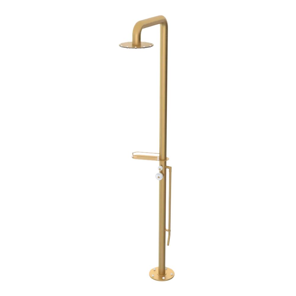 Rubinet Pressure Balance Outdoor Shower with Foot Rinse & 10" Shower Head (with shelf) - 304 Stainless Steel Satin Gold