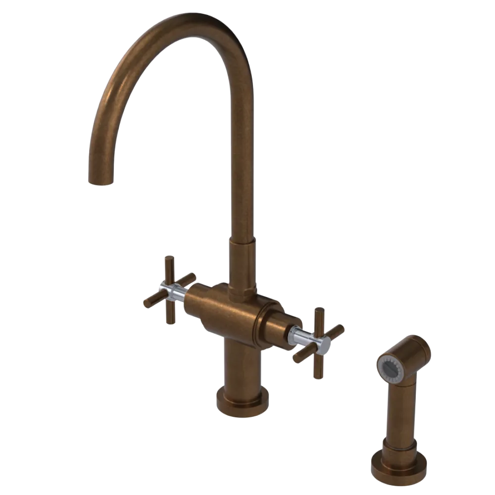 Rubinet Two Handle Single Hole Kitchen Set with LaSalle Spout with Hand Spray Tuscan Brass