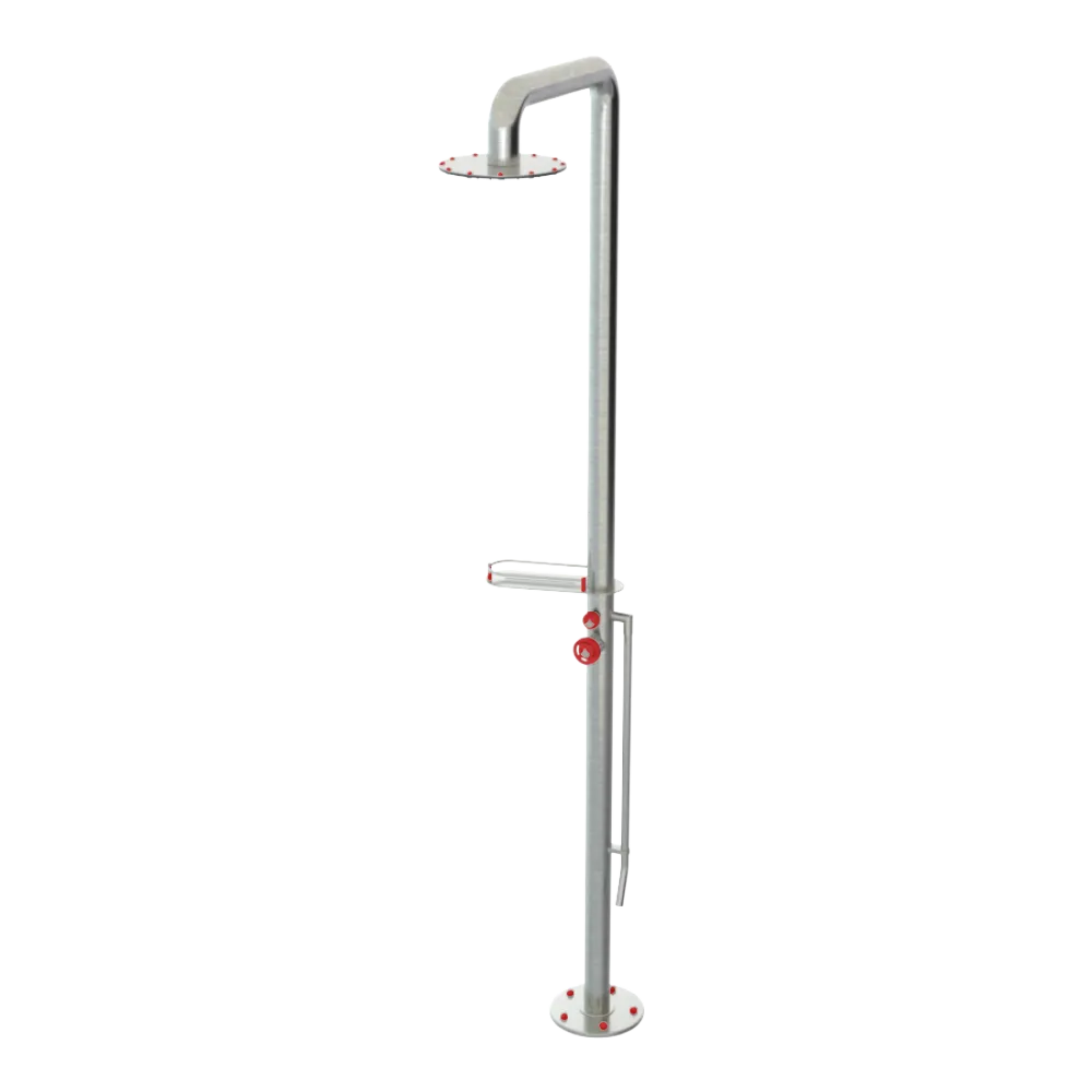 Rubinet Pressure Balance Outdoor Shower with Foot Rinse & 10" Shower Head (with shelf) - 304 Stainless Steel Satin Nickel