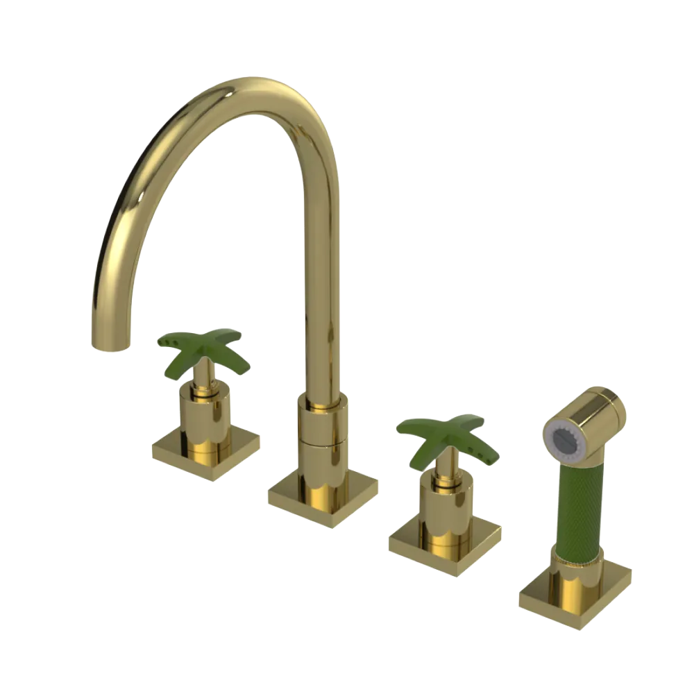 Rubinet Widespread Kitchen Set with Hand Spray Natural Brass