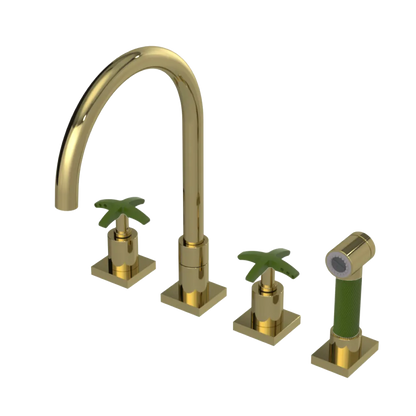 Rubinet Widespread Kitchen Set with Hand Spray Natural Brass