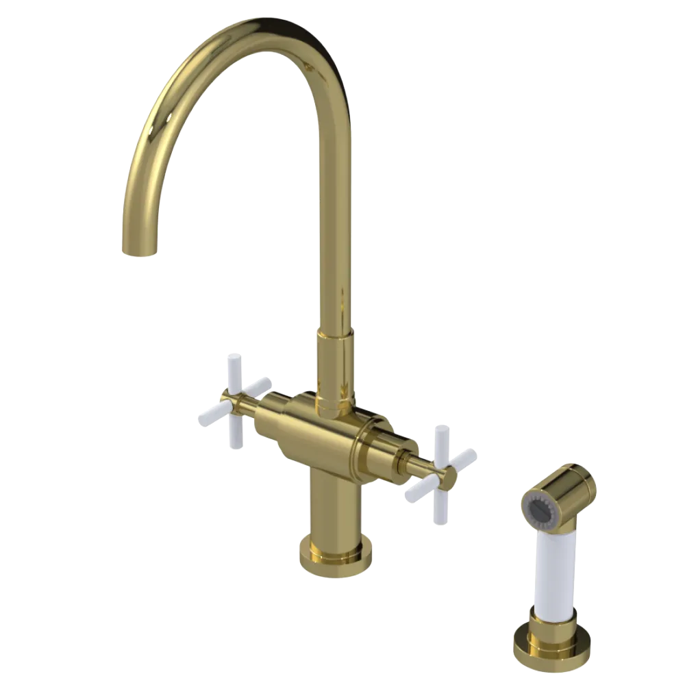 Rubinet Two Handle Single Hole Kitchen Set with LaSalle Spout with Hand Spray Natural Brass