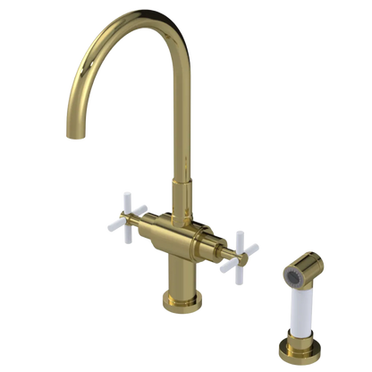 Rubinet Two Handle Single Hole Kitchen Set with LaSalle Spout with Hand Spray Natural Brass