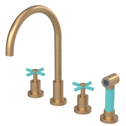 Rubinet Widespread Kitchen Set with LaSalle Spout with Hand Spray Satin Gold