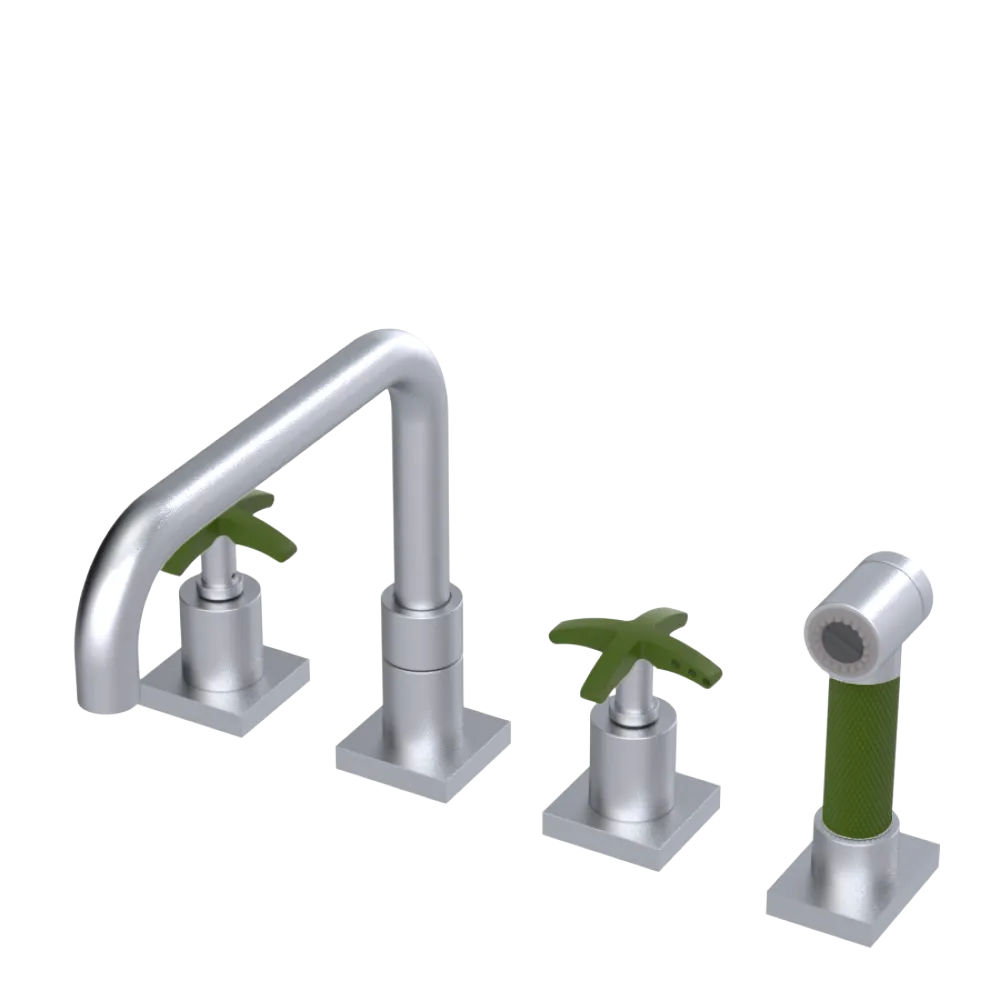 Rubinet Widespread Kitchen Set with Genesis Spout with Hand Spray Satin Chrome