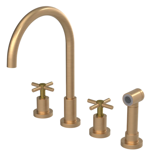 Rubinet Widespread Kitchen Set with LaSalle Spout with Hand Spray Satin Gold