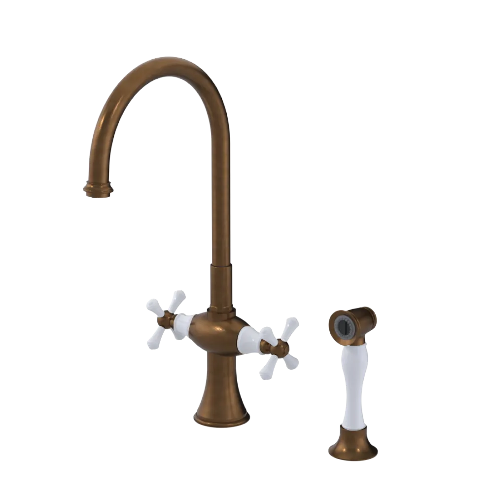 Rubinet Two Handle Single Hole Kitchen Set with Hand Spray Tuscan Brass