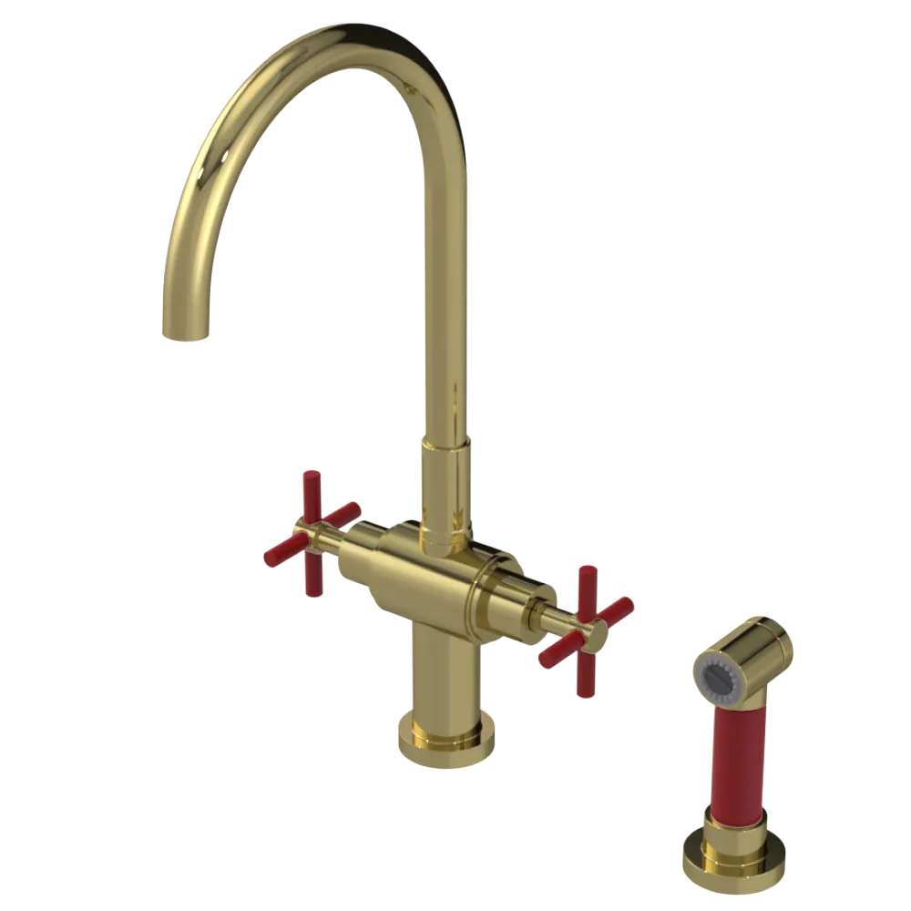 Rubinet Two Handle Single Hole Kitchen Set with LaSalle Spout with Hand Spray Natural Brass
