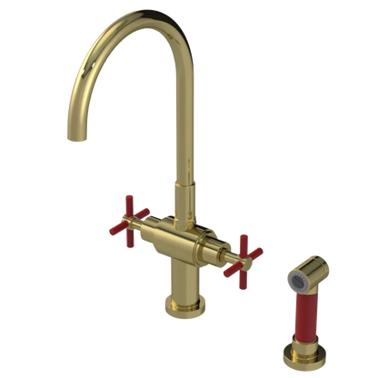 Rubinet Two Handle Single Hole Kitchen Set with LaSalle Spout with Hand Spray Natural Brass