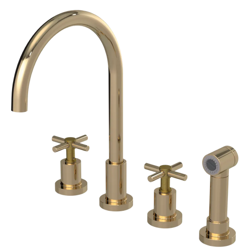 Rubinet Widespread Kitchen Set with LaSalle Spout with Hand Spray Gold