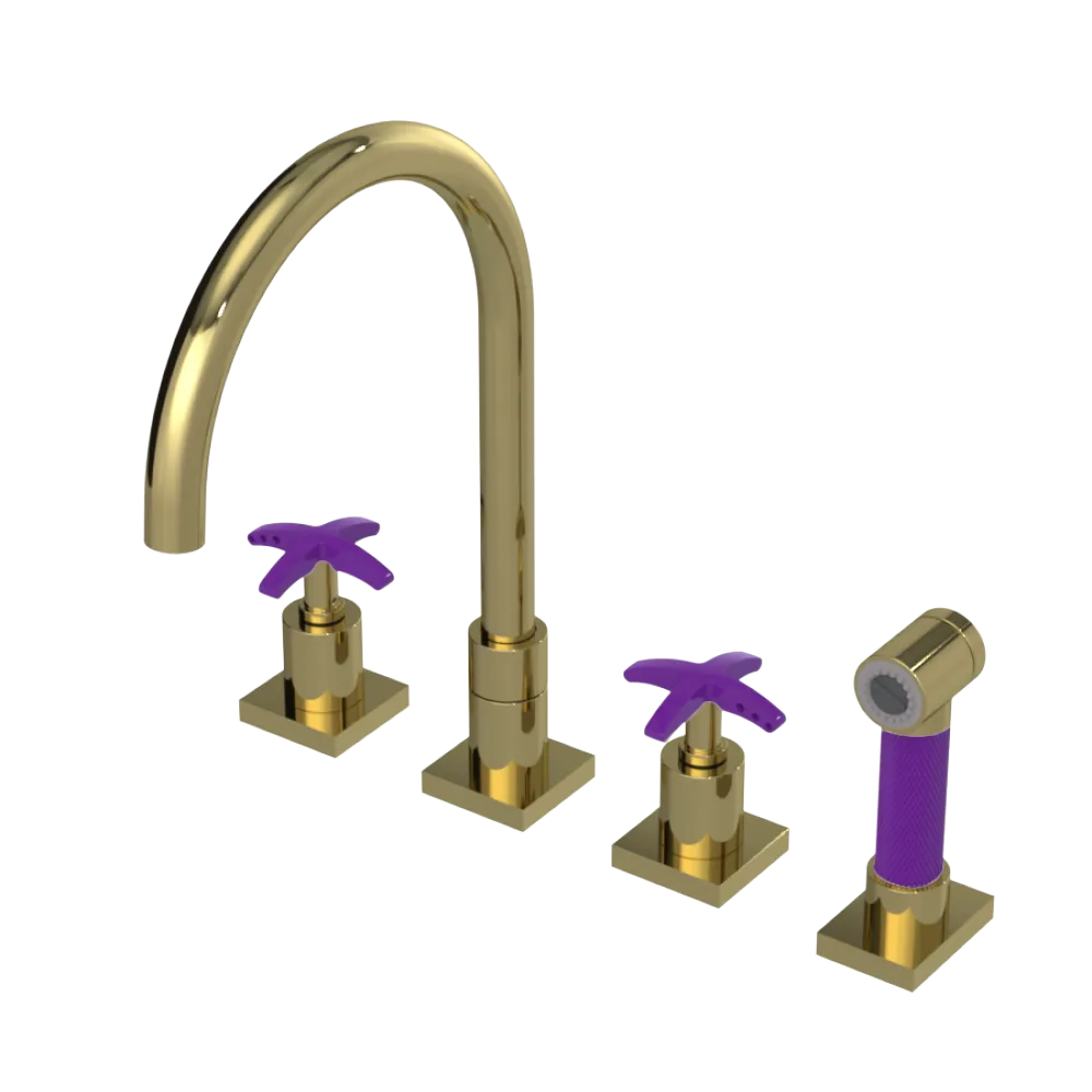 Rubinet Widespread Kitchen Set with Hand Spray Natural Brass