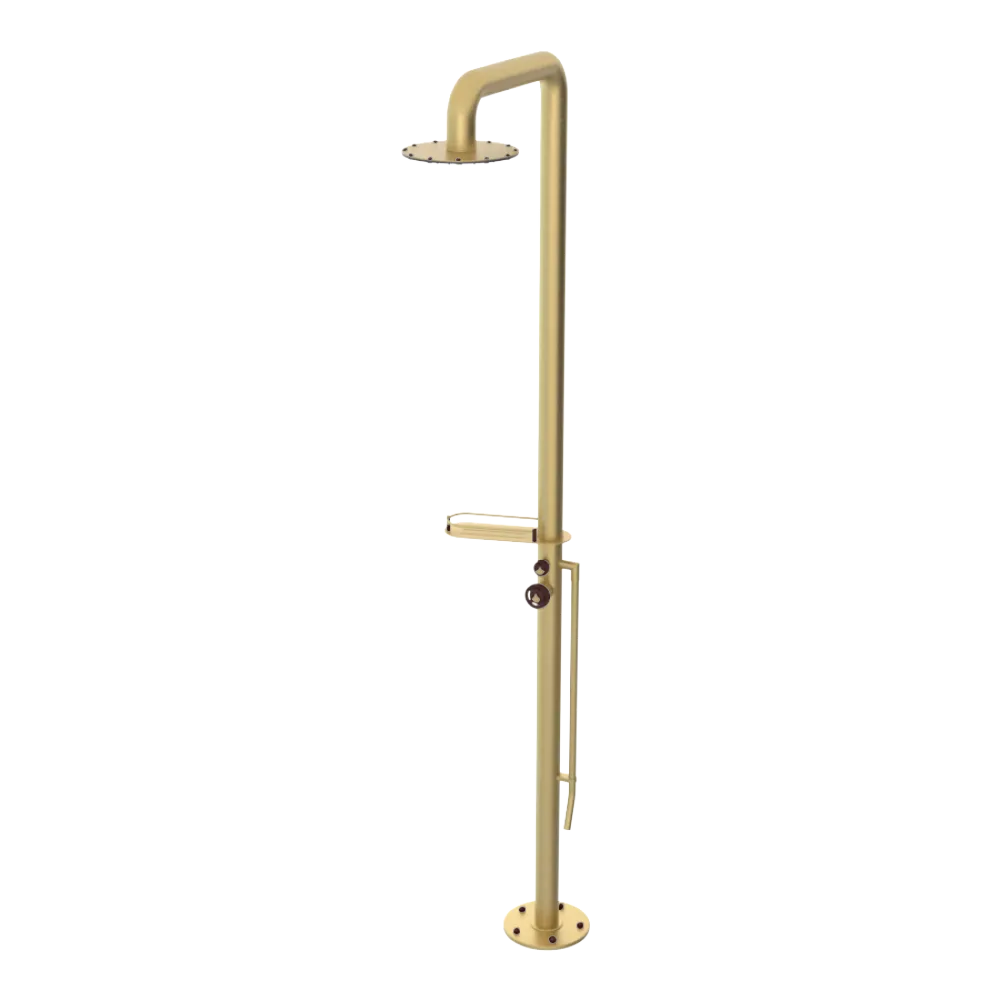 Rubinet Pressure Balance Outdoor Shower with Foot Rinse & 10" Shower Head (with shelf) - 304 Stainless Steel Satin Brass