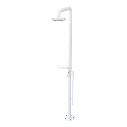 Rubinet Pressure Balance Outdoor Shower with Foot Rinse & 10" Shower Head (with shelf) - 304 Stainless Steel Matt White