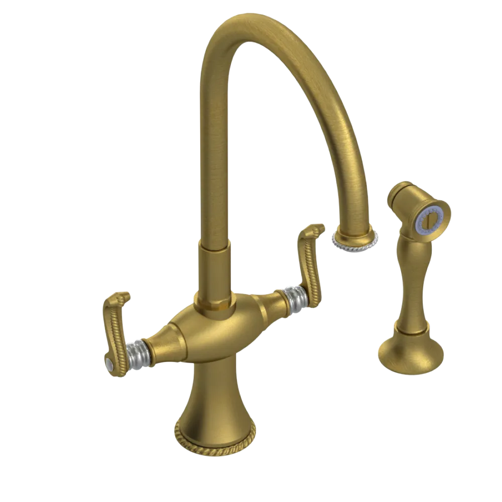 Rubinet Two Handle Single Hole Kitchen Set with Hand Spray Antique Brass Matt