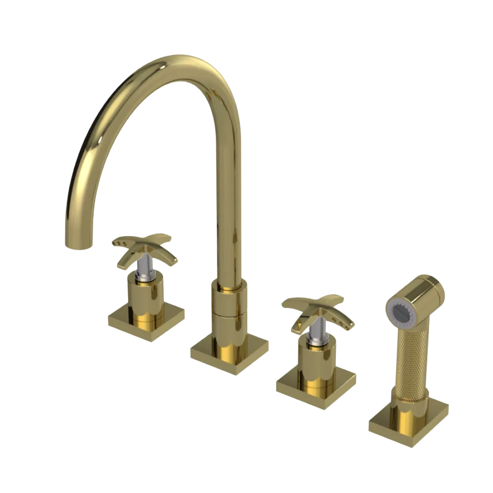 Rubinet Widespread Kitchen Set with Hand Spray Natural Brass