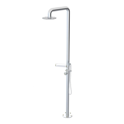 Rubinet Pressure Balance Outdoor Shower with Hand Held Shower & 10" Shower Head (with shelf) - 304 Stainless Steel Satin Chrome