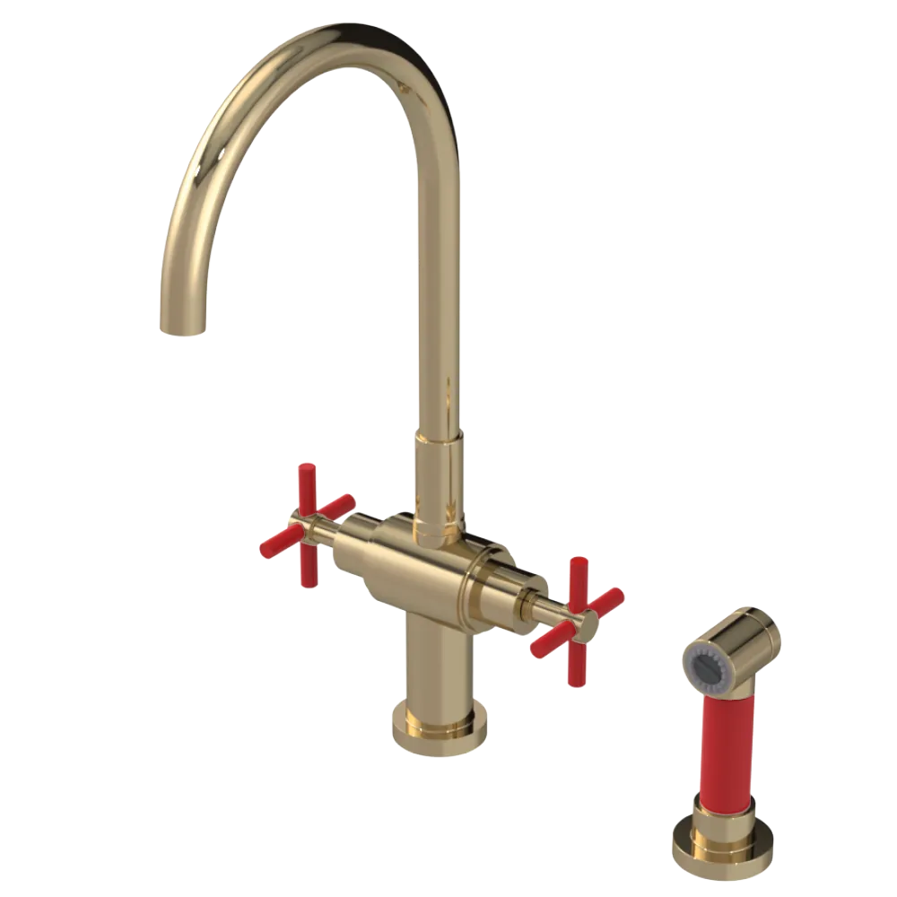 Rubinet Two Handle Single Hole Kitchen Set with LaSalle Spout with Hand Spray Gold