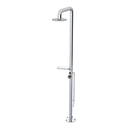 Rubinet Pressure Balance Outdoor Shower with Foot Rinse & 10" Shower Head (with shelf) - 304 Stainless Steel Chrome