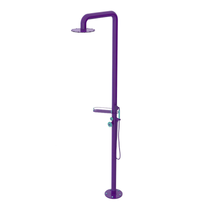 Rubinet Pressure Balance Outdoor Shower with Hand Held Shower & 10" Shower Head (with shelf) - 304 Stainless Steel Purple Haze