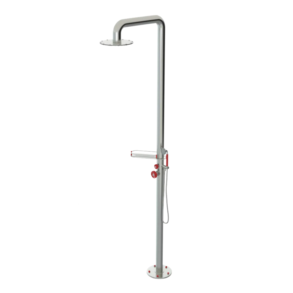 Rubinet Pressure Balance Outdoor Shower with Hand Held Shower & 10" Shower Head (with shelf) - 304 Stainless Steel Satin Nickel