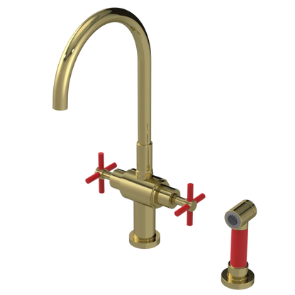 Rubinet Two Handle Single Hole Kitchen Set with LaSalle Spout with Hand Spray Natural Brass