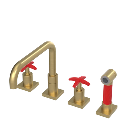 Rubinet Widespread Kitchen Set with Genesis Spout with Hand Spray Satin Brass