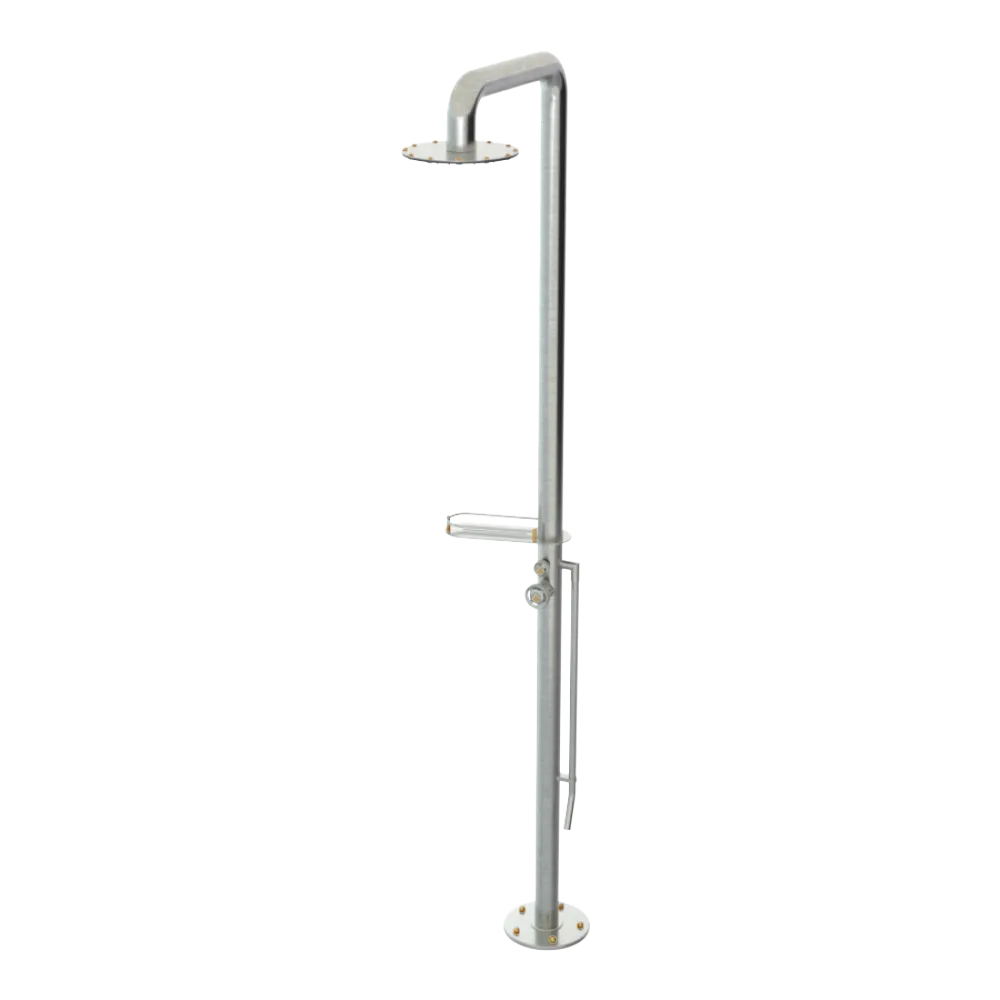 Rubinet Pressure Balance Outdoor Shower with Foot Rinse & 10" Shower Head (with shelf) - 304 Stainless Steel Satin Nickel