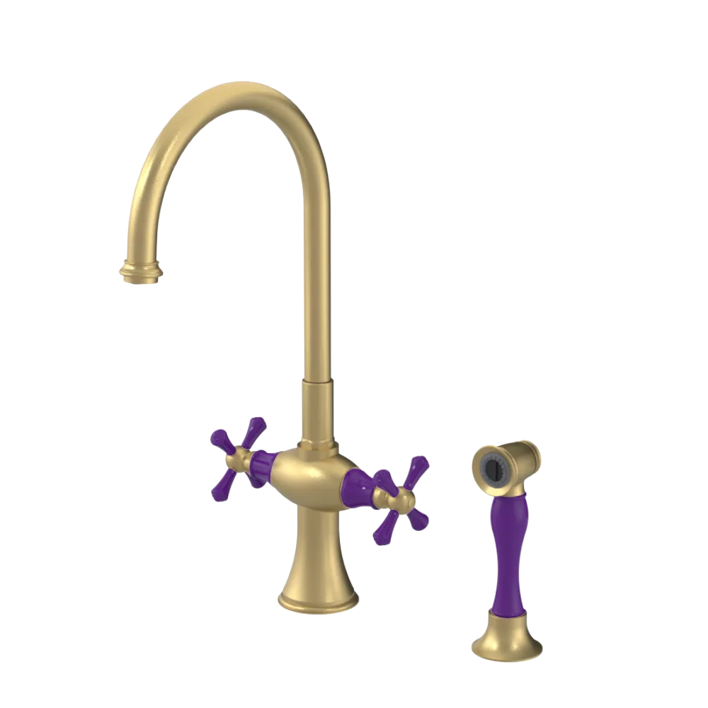 Rubinet Two Handle Single Hole Kitchen Set with Hand Spray Satin Brass