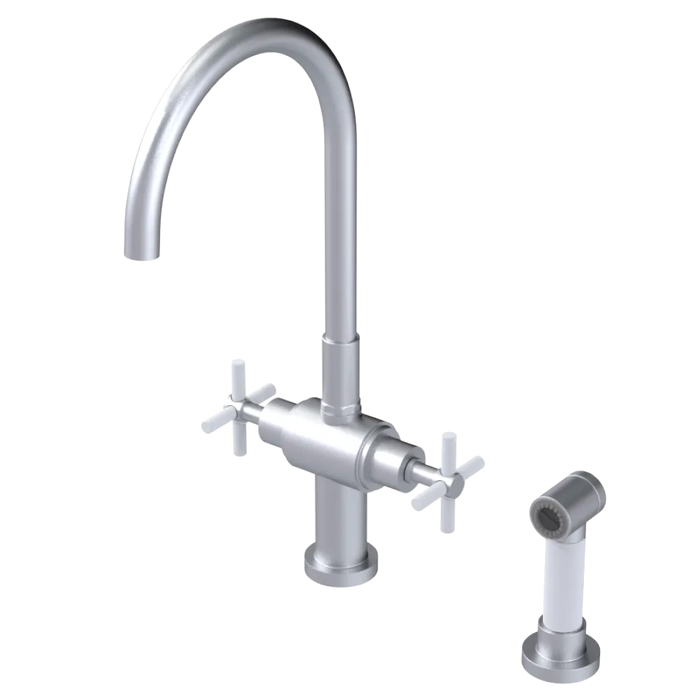 Rubinet Two Handle Single Hole Kitchen Set with LaSalle Spout with Hand Spray Satin Chrome
