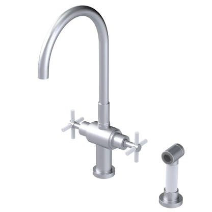 Rubinet Two Handle Single Hole Kitchen Set with LaSalle Spout with Hand Spray Satin Chrome